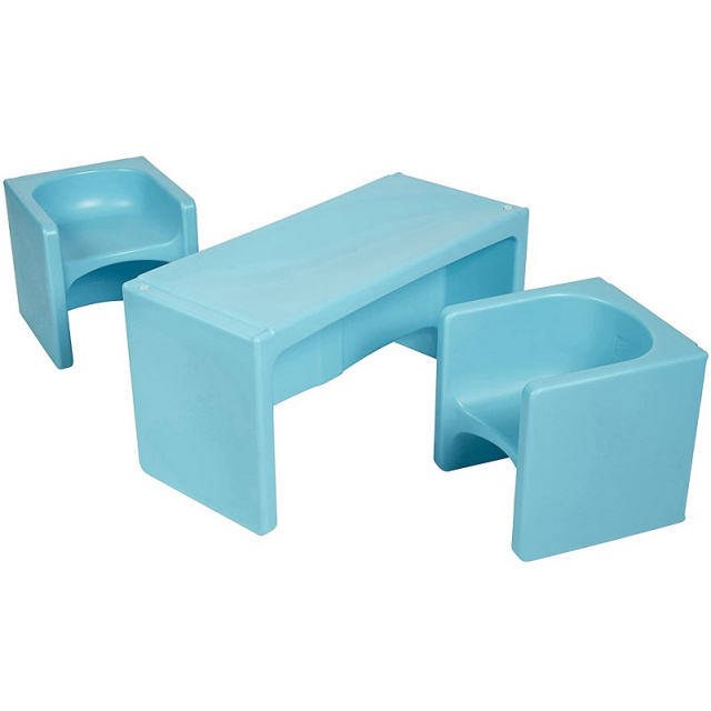 Tri-Me Table and Cube Chair Set, Multipurpose Furniture, Cyan, 3-Piece