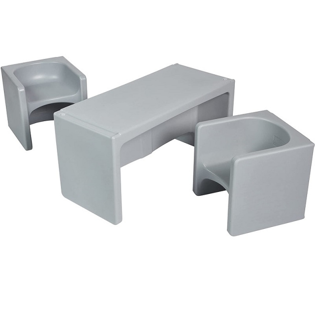 Tri-Me Table and Cube Chair Set, Multipurpose Furniture, Light Grey, 3-Piece