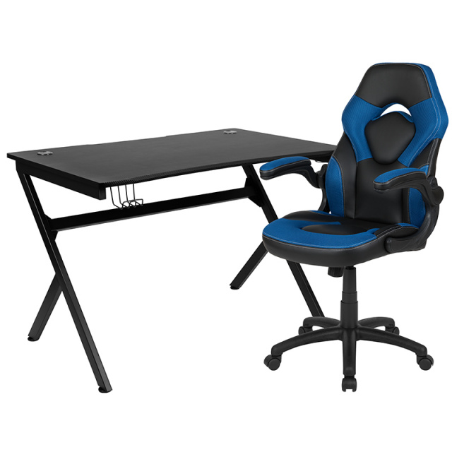 BLN-X10D1904-BL-GG Black Gaming Desk and Blue Black Racing Chair Set