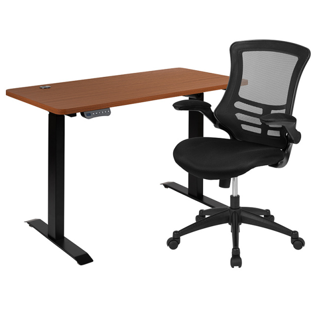 BN-BLX5STD-R-GG Mahogany Electric Height Adjustable Desk with Black Chair