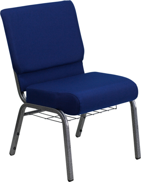 Church Chair with Cup Book Rack - Navy Blue with Silver Vein Frame