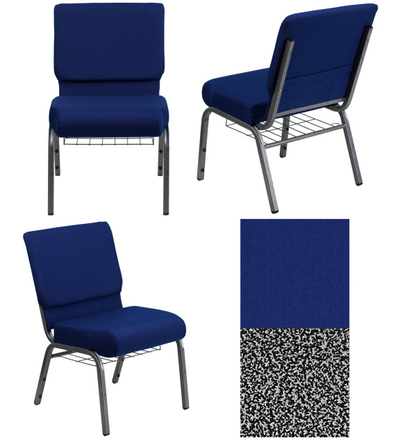 Church Chair with Cup Book Rack - Navy Blue with Silver Vein Frame