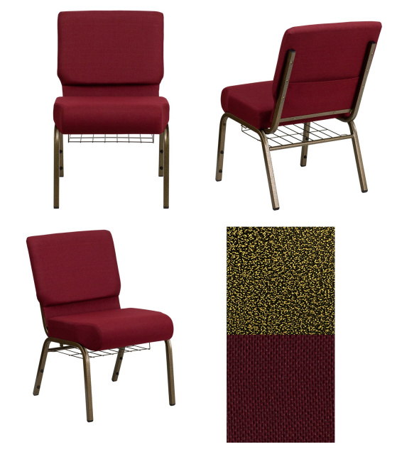Church Chair with Cup Book Rack - Burgundy with Gold Vein Frame