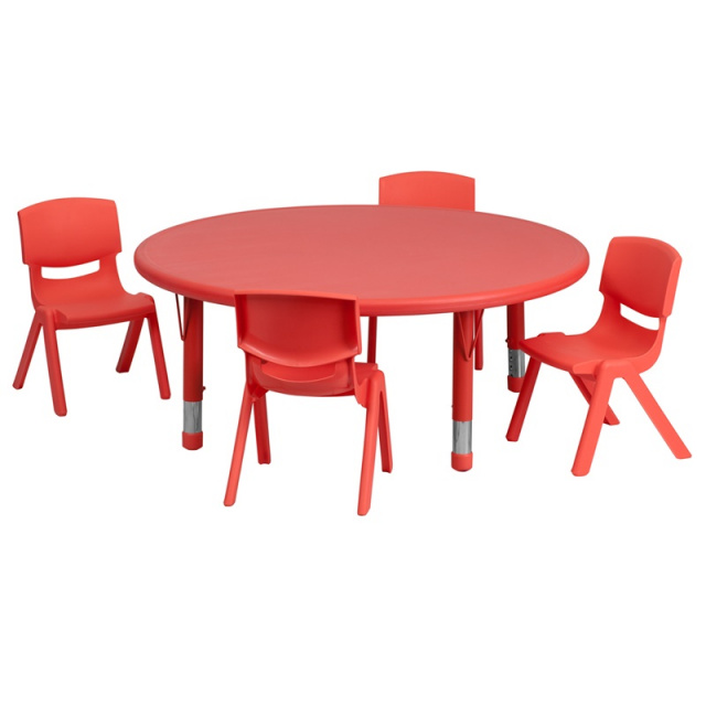45'' ROUND ADJUSTABLE red PLASTIC ACTIVITY TABLE SET WITH 4 SCHOOL STACK CHAIRS 10.5