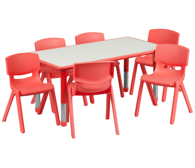 FF 24 x 48 Resin Table with 6 - Chairs 10.5" Red w/ Gray Top