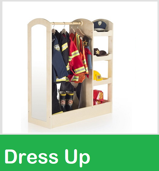 dramatic play costume storage, costume storage, dress up costume nook, round costume racks